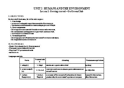 Giáo án Tiếng Anh Lớp 10 (Global review) - Unit 2 Humans and the environment - Năm học 2022-2023
